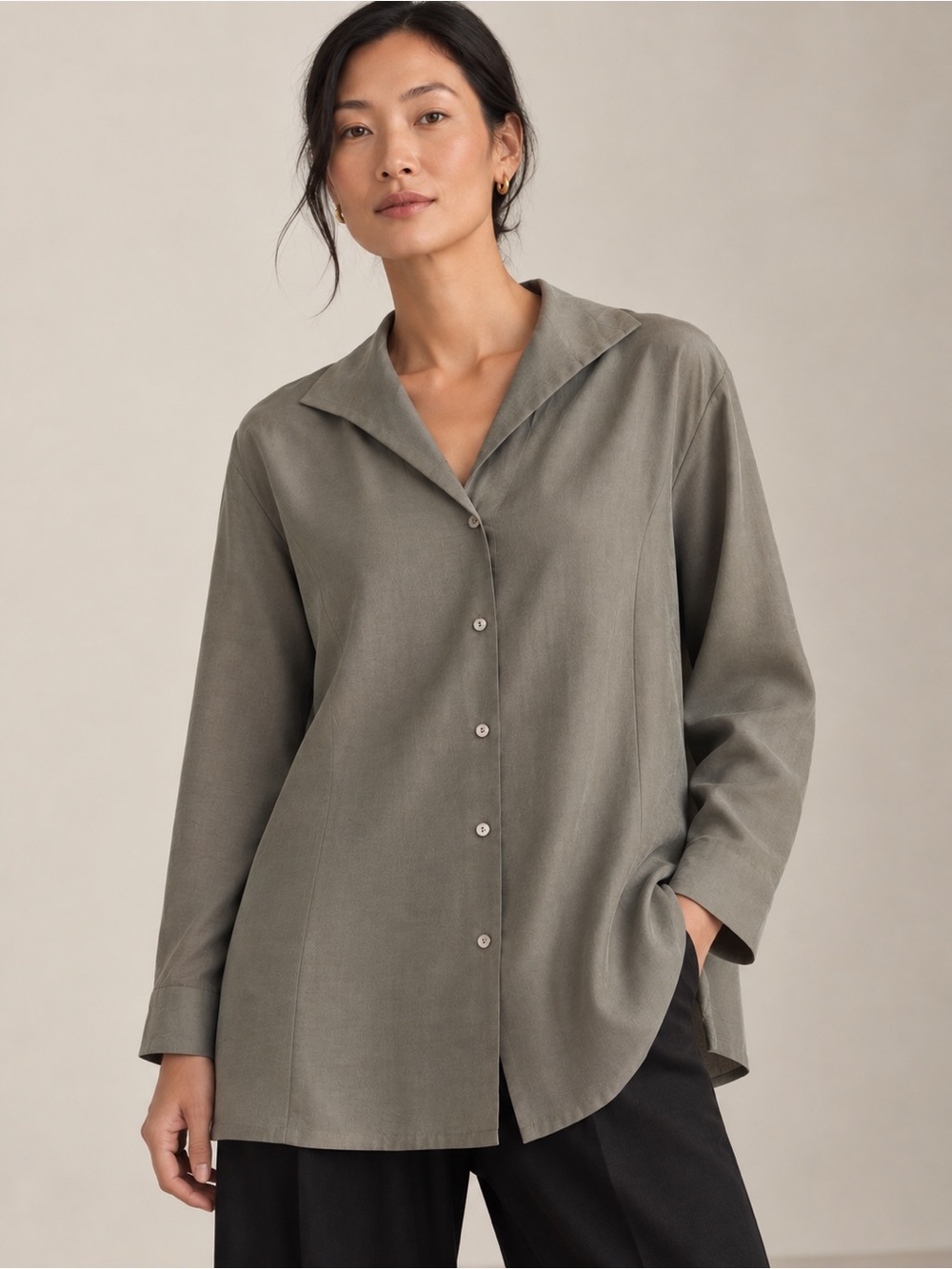 Eileen Fisher 100% Silk Gray Button Front Tunic Shirt 1X